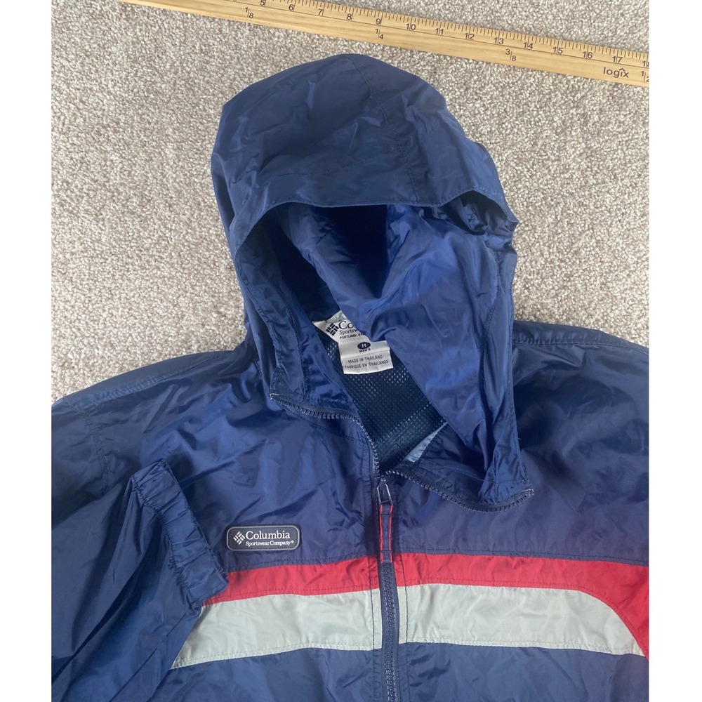 Columbia Sportswear Mens M Windbreaker Rain Jacket Blue Red Grey Hooded Vented